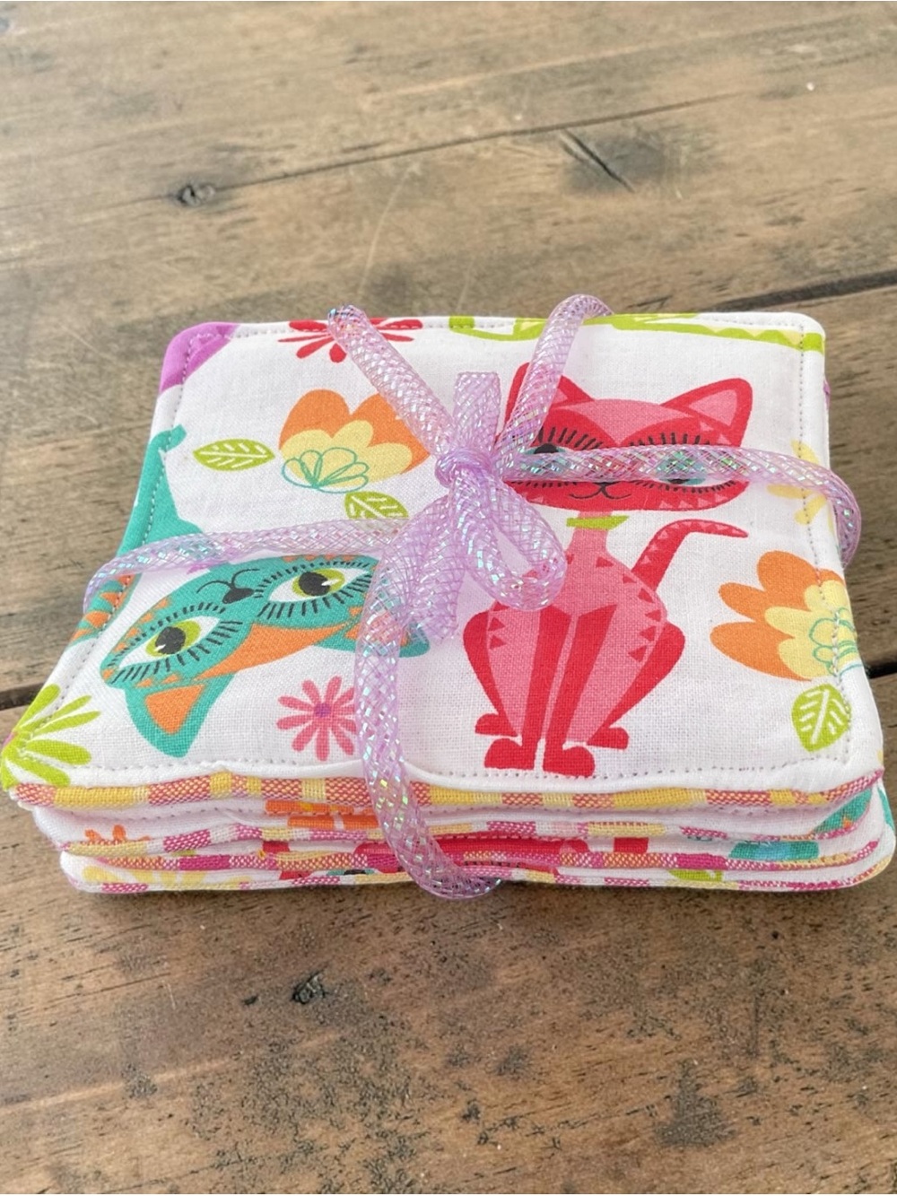 Retro Cat Print Fabric Coasters - Pink, Teal & White
